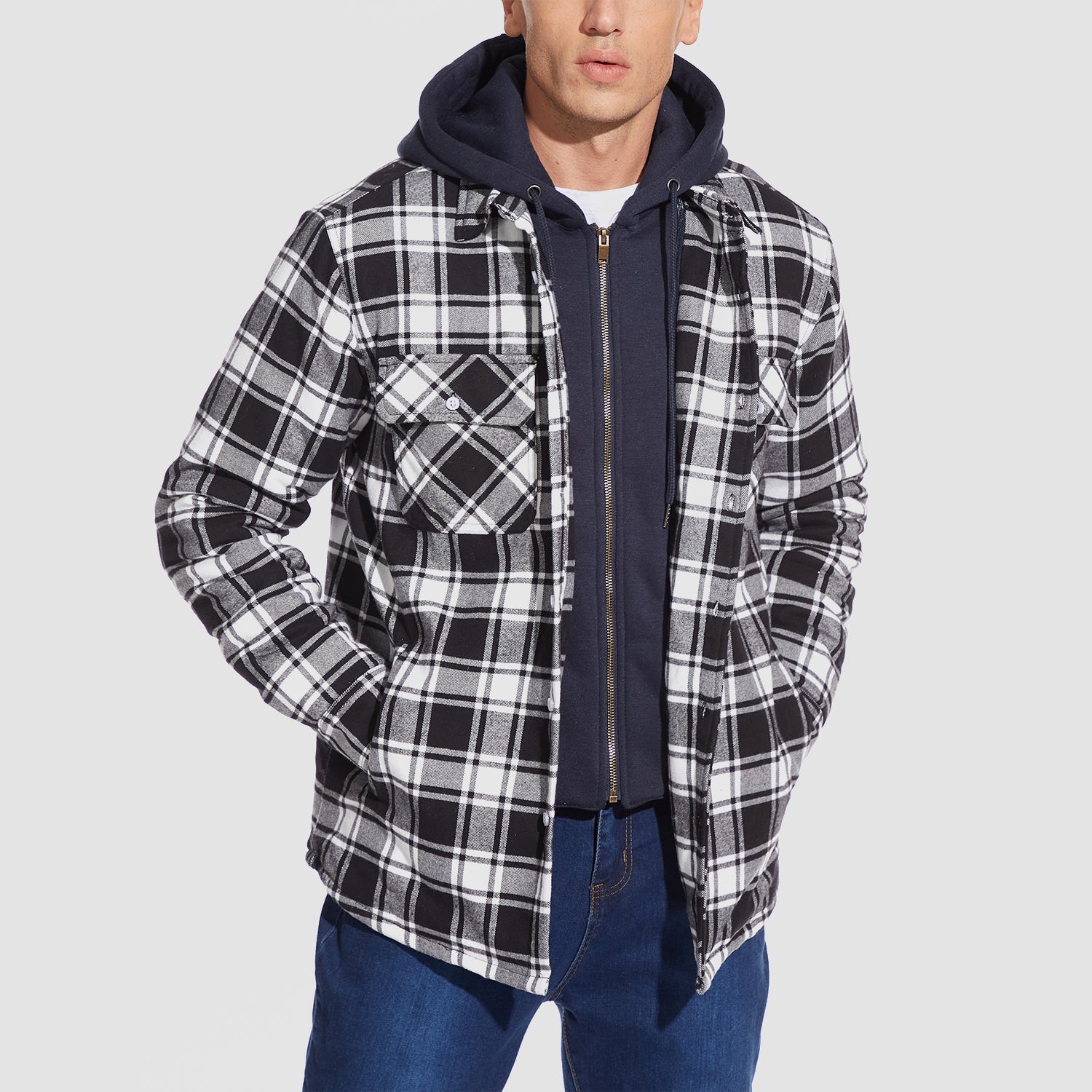 Men's Flannel Jacket with Removable Hood & 5 Pockets