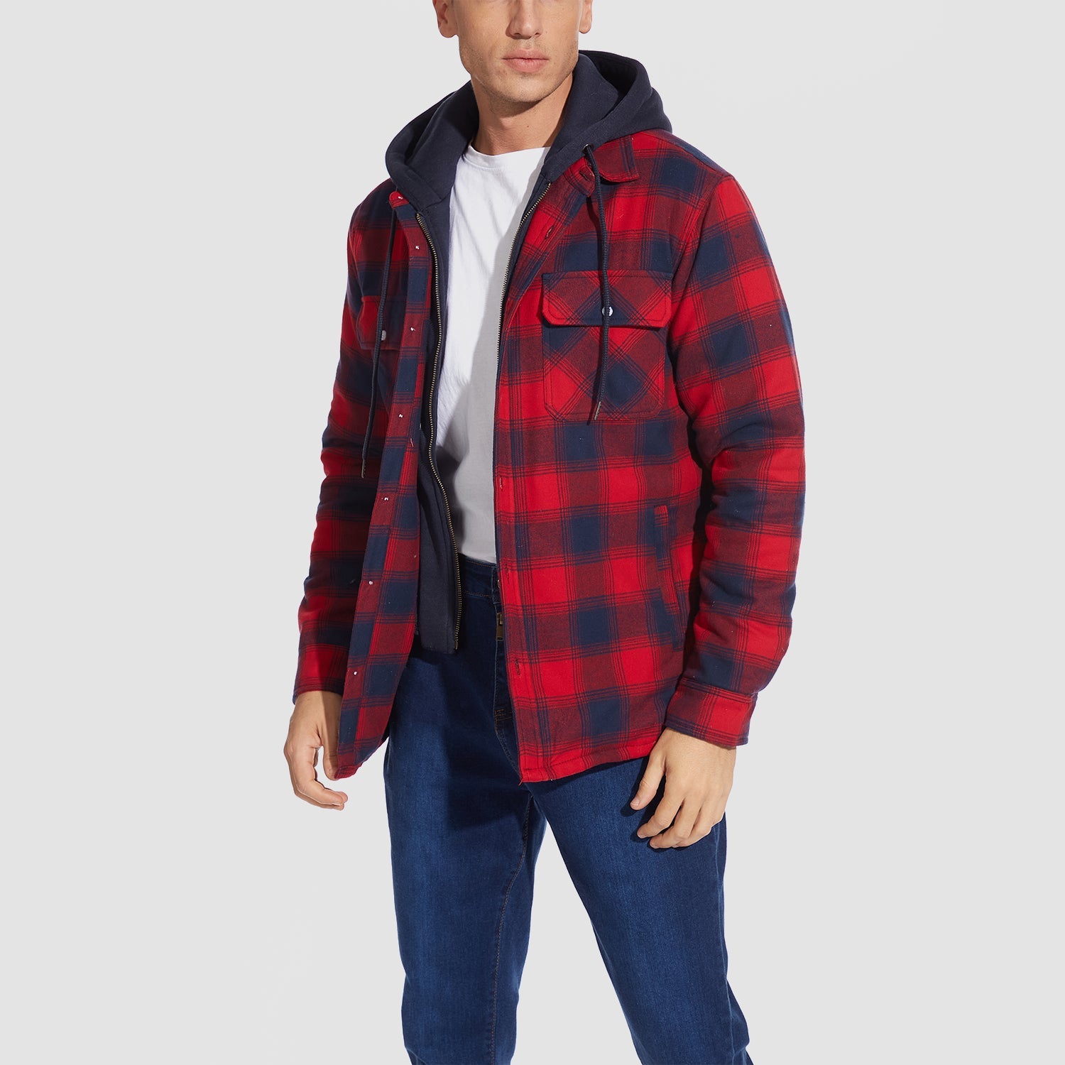 Men's Flannel Jacket with Removable Hood & 5 Pockets