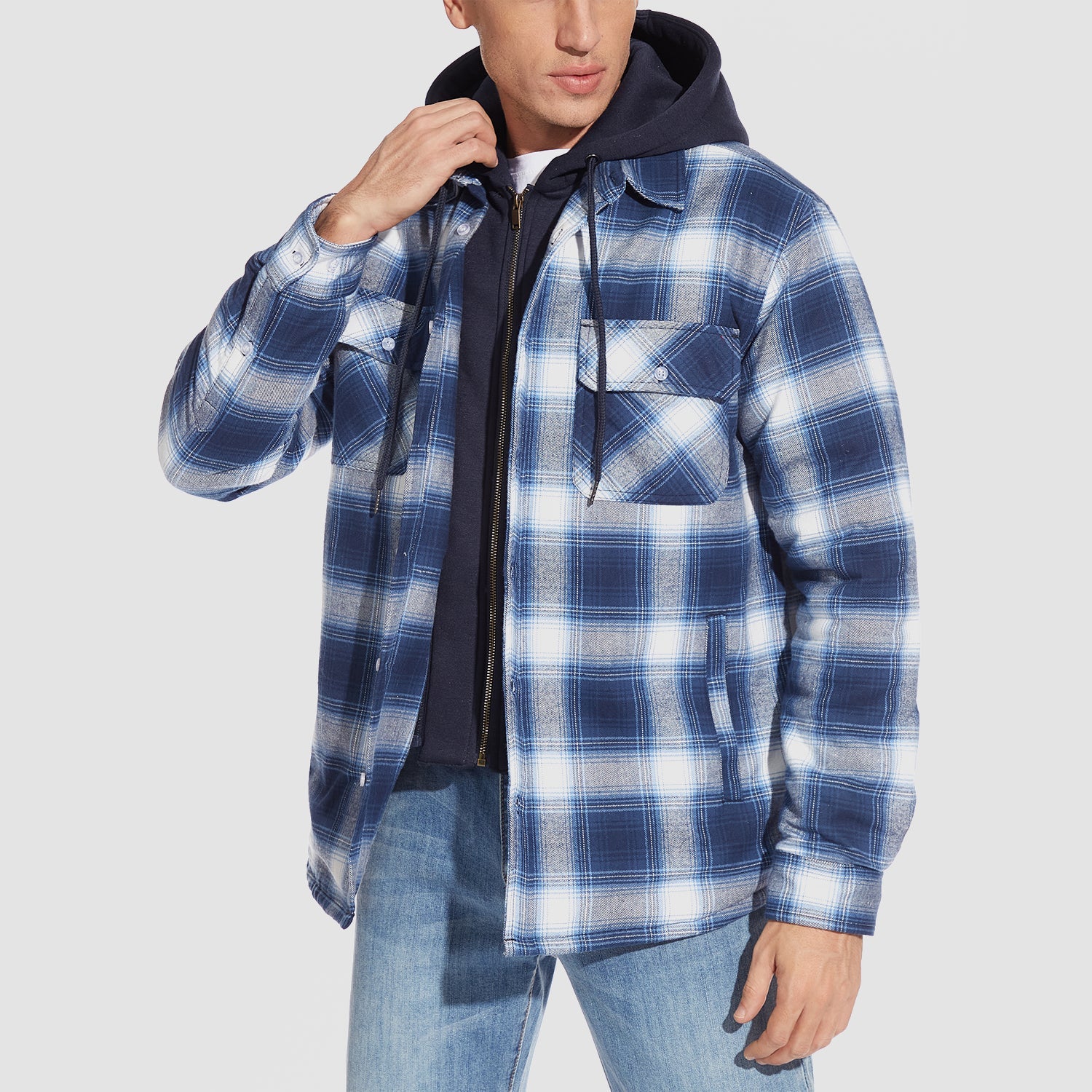 Men's Flannel Jacket with Removable Hood & 5 Pockets