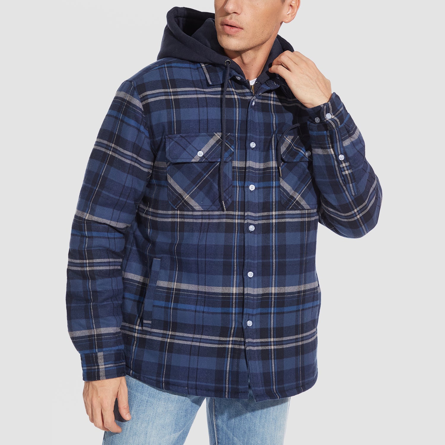 Men's Flannel Jacket with Removable Hood & 5 Pockets