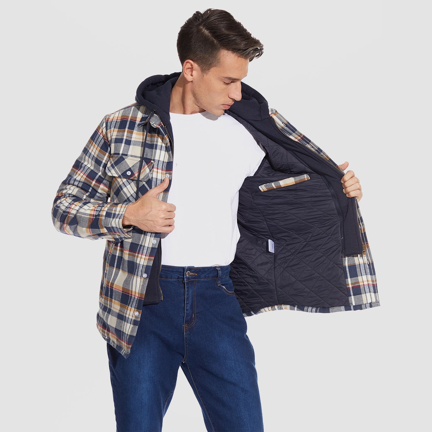 Men's Flannel Jacket with Removable Hood & 5 Pockets