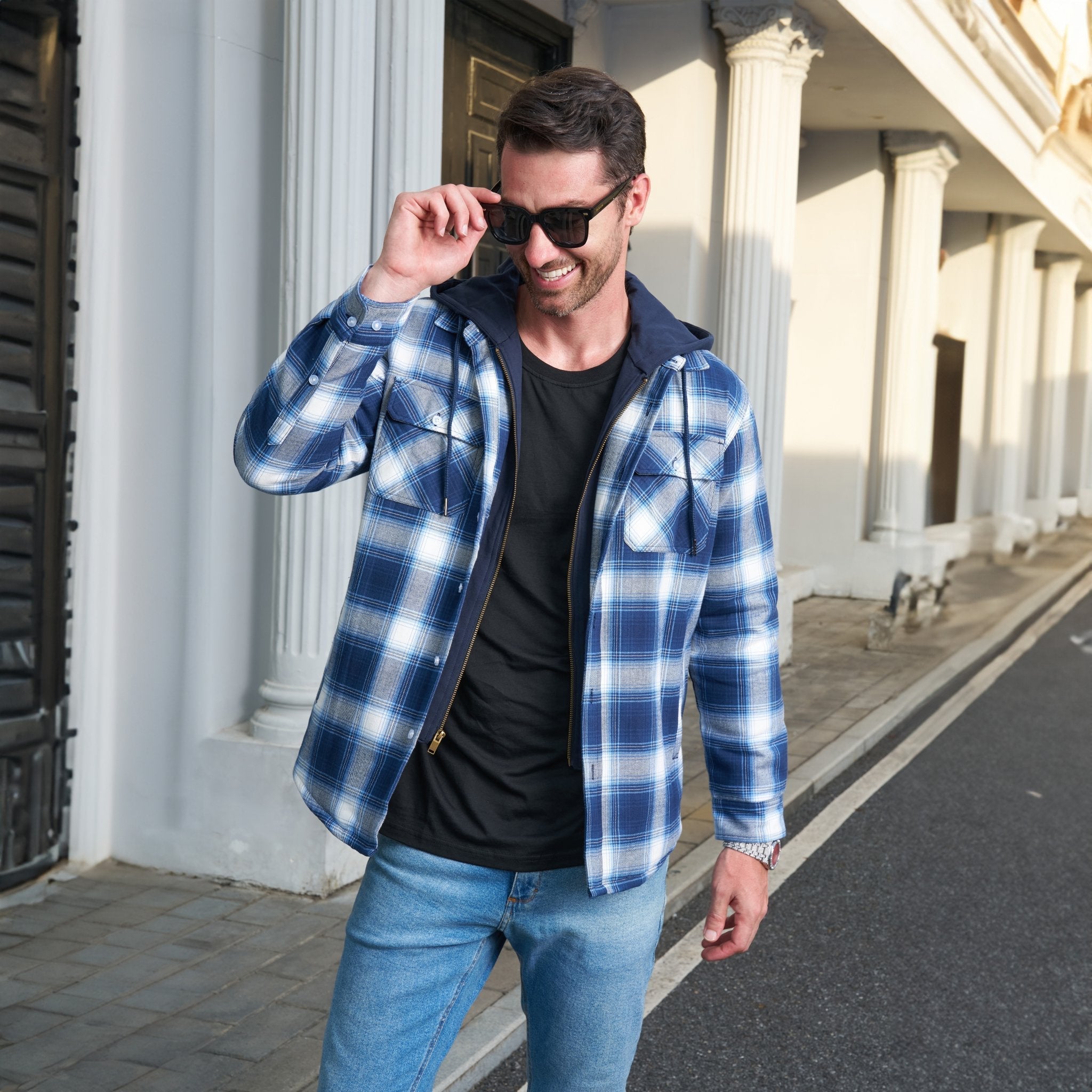 Men's Flannel Jacket with Removable Hood & 5 Pockets