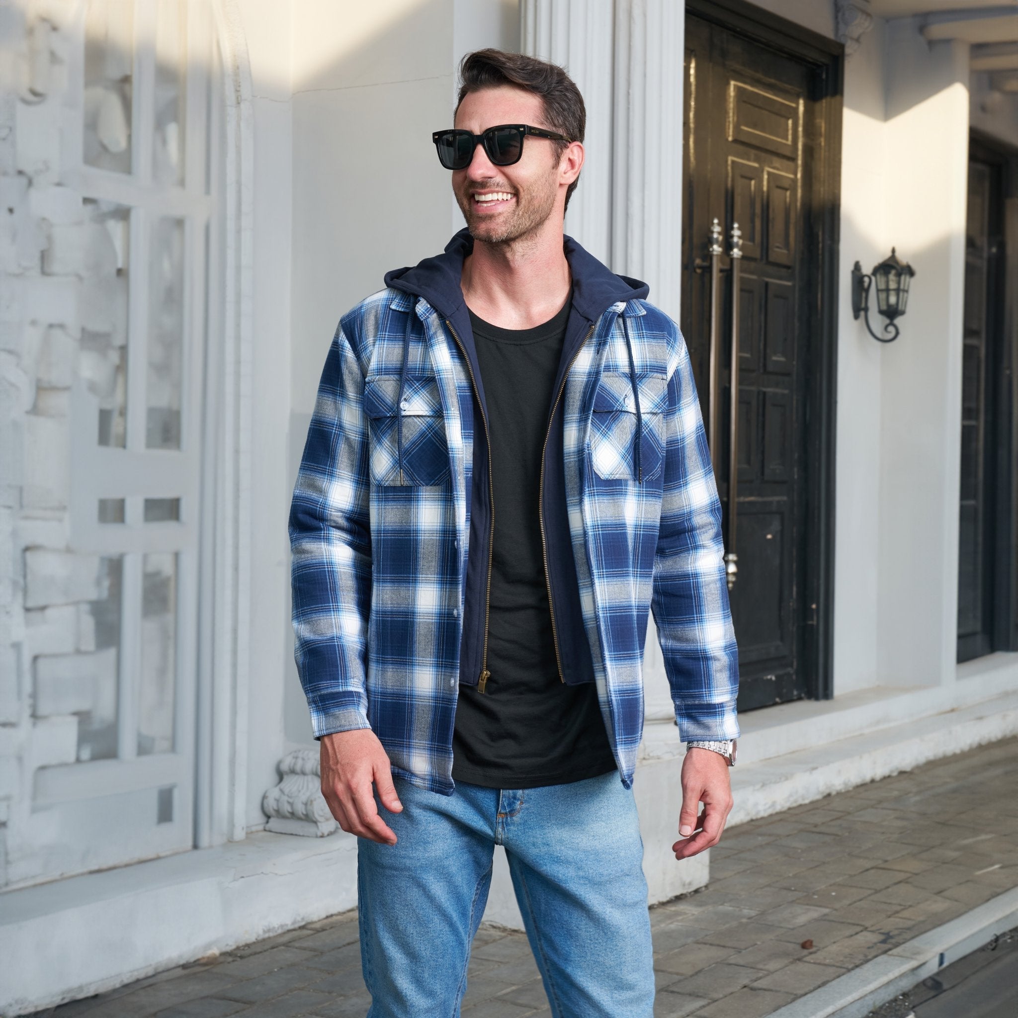 Men's Flannel Jacket with Removable Hood & 5 Pockets