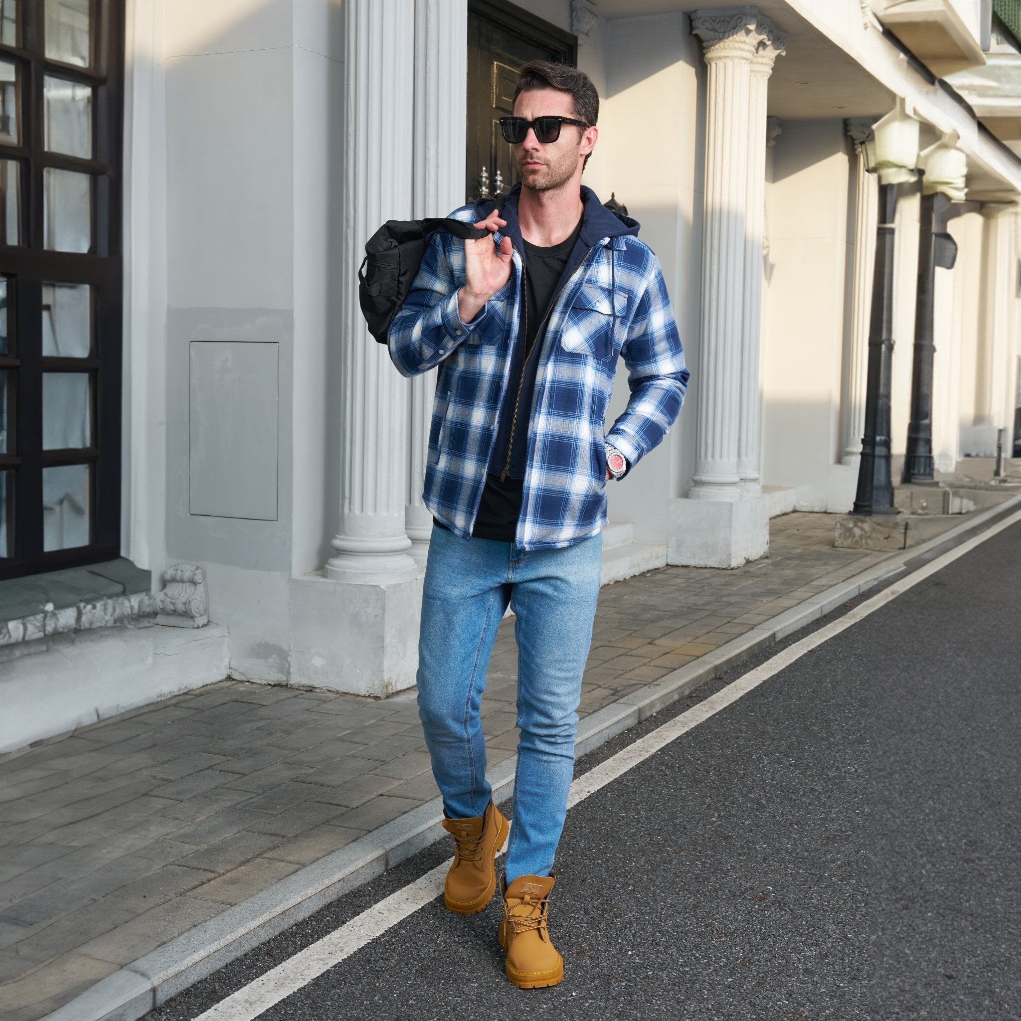 Men's Flannel Jacket with Removable Hood & 5 Pockets